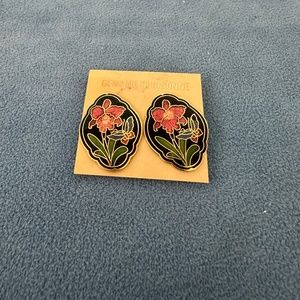 Vintage Cloisonné floral clip on earrings